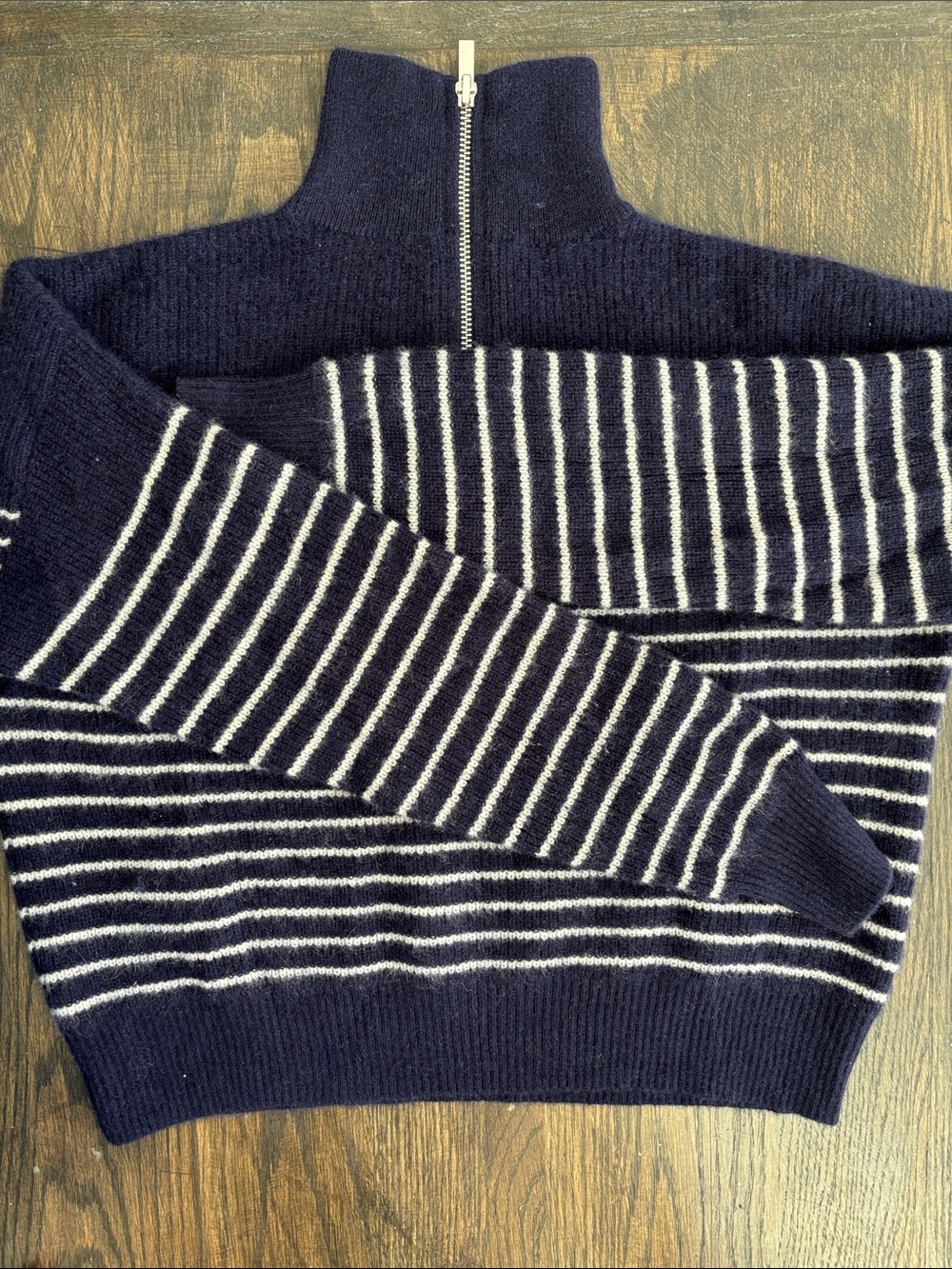 Aqua cashmere 1/4 zip sweater, navy w/ white stripes, cropped, size S